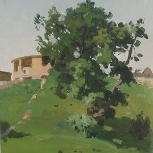Paisagem. Artista ucraniano Poltavsky V. 20-19 cm, óleo sobre papelão, 1950 anos