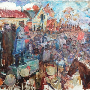 Pintura al óleo antigua original del realismo socialista Arte soviético Artista ucraniano Gribok D.K. 49-69 cm Óleo sobre cartón Años 70