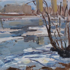 Paisaje. Pintura original de la artista ucraniana Zakharova, 22-22 cm de largo, óleo sobre cartón, década de 1970.