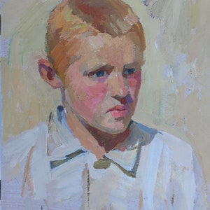 Retrato de un niño. Pintura al óleo antigua original del socialismo Arte soviético Artista ucraniano Kakalo A.V. 44-38 cm cartón óleo 1970