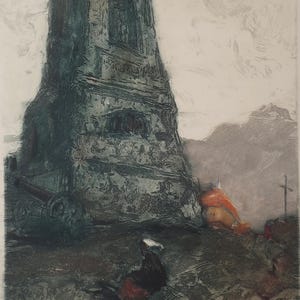 Monumento. Dipinto originale dell'artista ucraino Chernov L. 30-23 cm, carta monotipo puntasecca, anno 1956