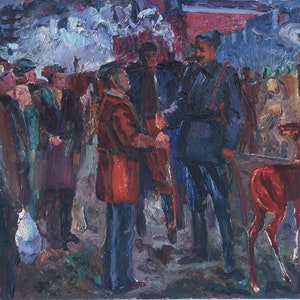Boceto. Pintura al óleo antigua original del realismo socialista Arte soviético Artista ucraniano Gribok D.K. 34-50 cm Óleo sobre cartón Años 70