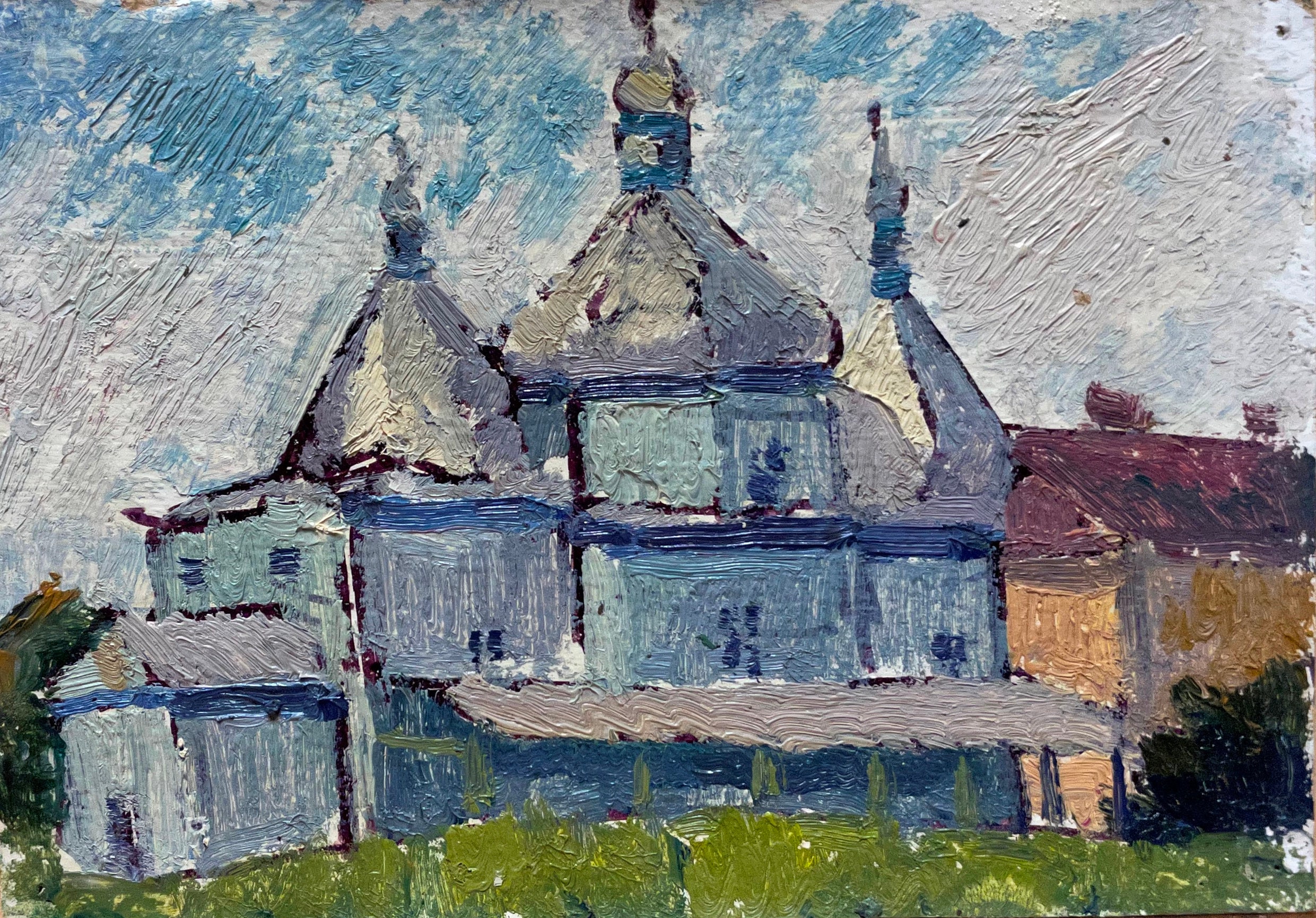 Cossack Church. Oil painting original Ukrainian artist Khokhlov S. 12-18cm cardboard oil 1970year