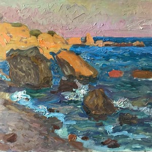 Paisaje marino. Pintura original de la artista ucraniana Repka. 40-50 cm, óleo sobre cartón, 1983.