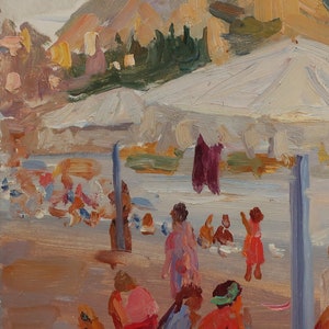 Acampamento infantil. Artista ucraniana Hitrova T. 32-19 cm, óleo sobre papelão, 1960 anos