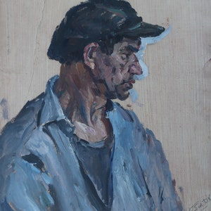 Retrato de un hombre. Pintura al óleo antigua original del socialismo, arte soviético, artista ucraniano Gribok D.K. 54-46 cm óleo sobre cartón década de 1970