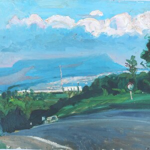 Paisaje. Pintura al óleo antigua original del realismo socialista Arte soviético Artista ucraniano Gribok D.K. 49-69 cm Lienzo Cartón Óleo Año 1980