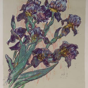 Fiori. Dipinto dell'artista ucraino Yakovenko E. 36-30 cm, carta linoleum, anni '70