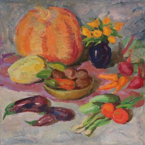 Naturaleza muerta. Pintura original de la artista ucraniana Zakharova. L. 23-23 cm, óleo sobre cartón, década de 1970.