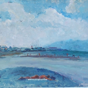 Pequeña tierra. Pintura al óleo antigua original del realismo socialista Arte soviético Artista ucraniano Gribok D.K. 50-80 cm cartón óleo año 1979
