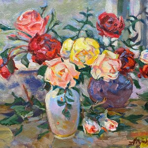 Rosas. Pintura al óleo original de la artista ucraniana Abutkova N. 40-49 cm cartón óleo década de 1980