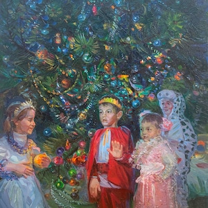 Sketch for the painting Children&#39;s conversation. Original painting by Ukrainian artist Zhezher A. 50-40 cm, oil on canvas