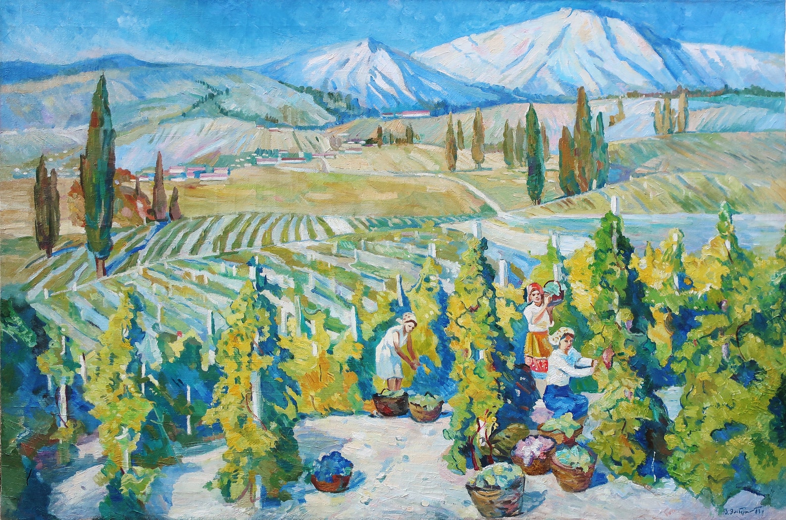 Harvesting grapes. Antique oil painting original of socialist | Etsy