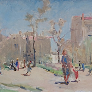 Paisaje urbano. Pintura original del artista ucraniano Yatsenko V. 31-42 cm, óleo sobre cartón.
