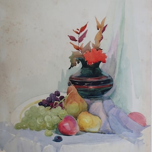 Natura morta. Dipinto antico del realismo socialista originale dell'artista ucraino Sinelnikov Y. carta tecnica mista 48-33 cm
