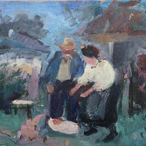 Boceto para el cuadro. Pintura al óleo antigua original del realismo socialista Arte soviético Artista ucraniano Kakalo A.V. 30-36 cm Óleo sobre cartón