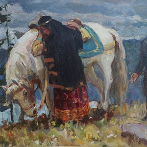 Pintura al óleo original del artista ucraniano Basanets Yu. 49-68 cm óleo sobre cartón década de 1970