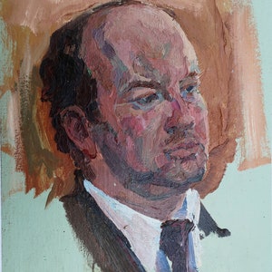 Retrato de un hombre. Pintura al óleo antigua original del realismo socialista Arte soviético Artista ucraniano Gribok D.K. 48-33 cm Óleo sobre cartón Años 70
