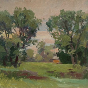 Green Valley. Artiste ukrainienne Koshel A.16-17 cm, huile sur carton Années 1990