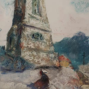 Paesaggio. Dipinto originale dell'artista ucraino Chernov L. 32-24 cm, carta linoleum, anni '50