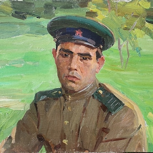 Retrato de un guardia fronterizo. Pintura al óleo original del socialismo del artista ucraniano V. Chernikov. 50-70 cm óleo sobre lienzo, cartón, década de 1970