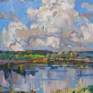 Paisaje. Pintura original de la artista ucraniana Chernova N. 48-39 cm, óleo sobre cartón.