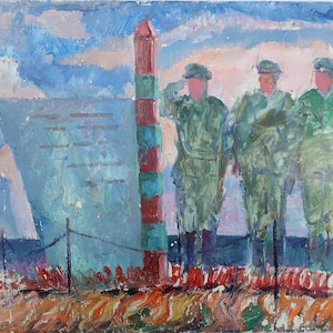 Boceto Pintura al óleo antigua original del realismo socialista Arte soviético Artista ucraniano Gribok D.K. 51-69 cm Óleo sobre cartón Años 80