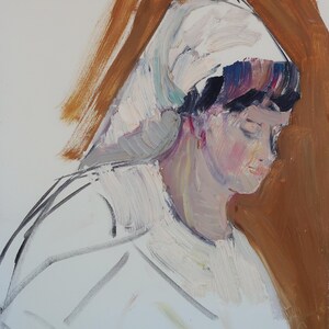Retrato. Pintura original de la artista ucraniana Zakharova, 31-24 cm de largo, óleo sobre cartón, década de 1970.