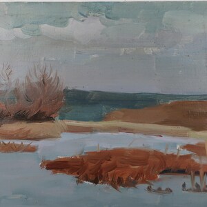 Paisaje. Pintura original del artista ucraniano Ganzha P. 17-27 cm, óleo sobre cartón, década de 1980