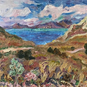 Paisaje. Pintura original de la artista ucraniana Repka. 35-40 cm, óleo sobre cartón, década de 1990.