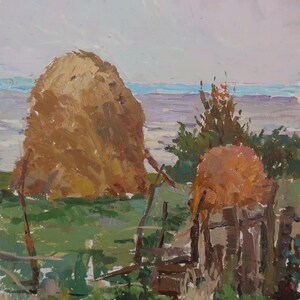 Paisaje. Pintura original del artista ucraniano Zakharov A. 29-20 cm, óleo sobre cartón, década de 1970.