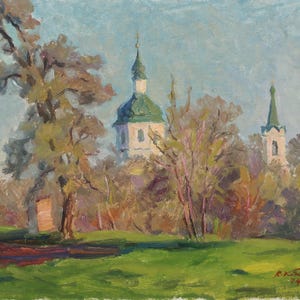 Iglesia. Pintura original del artista ucraniano V. Kikinev. 39-49 cm, óleo sobre cartón, 1974