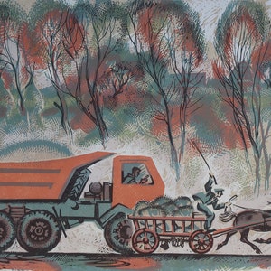 Sulla strada. Artista ucraino Stratilat M. 31-42 cm, carta linoleum