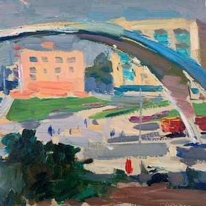 Paisagem. Pintura original do artista ucraniano Pirogov V. 18-26 cm, óleo sobre papelão, década de 1970.