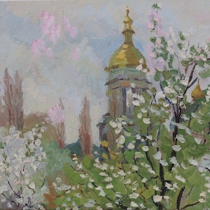 Paisaje. Pintura original de la artista ucraniana Chernova N. 39-49 cm, óleo sobre cartón, década de 1980