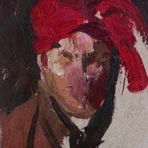 Retrato. Pintura original de la artista ucraniana Zakharova, 13-9 cm de largo, óleo sobre cartón, década de 1970.