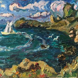 Paisaje marino. Nuevo Mundo. Pintura original de la artista ucraniana Repka. 30-40 cm, óleo sobre cartón.