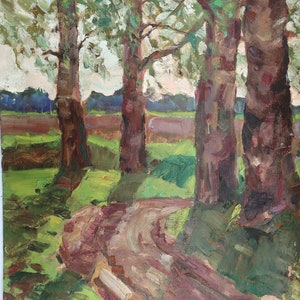 Paisaje. Pintura al óleo antigua original del realismo socialista Arte soviético Artista ucraniano Gribok D.K. 48-32 cm cartón óleo década de 1970