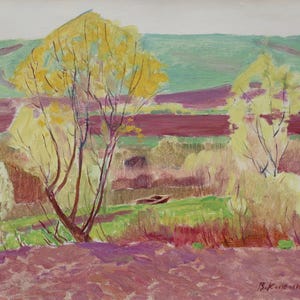 Primavera en Derkul. Pintura original del artista ucraniano V. Kikinev. 34-49 cm, óleo sobre cartón, año 1969