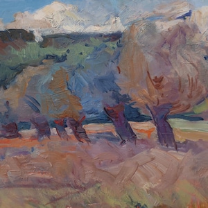 Paisaje. Pintura original de la artista ucraniana Chernova N. 32-47 cm, óleo sobre cartón, año 1965