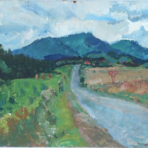 Paisaje. Pintura al óleo antigua original del realismo socialista Arte soviético Artista ucraniano Gribok D.K. 35-50 cm cartón óleo año 1974