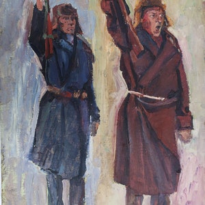 Boceto. Pintura al óleo antigua original del realismo socialista Arte soviético Artista ucraniano Gribok D.K. 70-49 cm Óleo sobre cartón Años 70