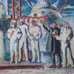 Cosmonautas. Pintura original del artista ucraniano Zakharov A. 18-24 cm, cartón, técnica mixta, década de 1970.