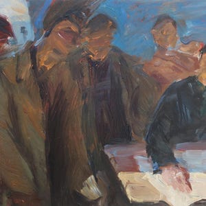 Boceto. Pintura original de la artista ucraniana Zakharova, 28-49 cm de largo, óleo sobre cartón, 1973.