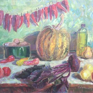Still life Autumn. Oil painting original socialist realism artist Zyabchenko F.I. 58-72 cm canvas on plywood oil 1981year