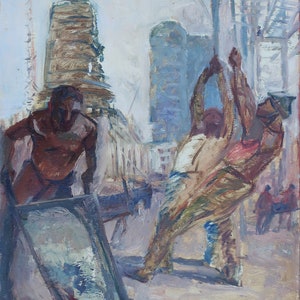 Edificio. Pintura al óleo antigua original del realismo socialista Arte soviético Artista ucraniano Gribok D.K. 63-50 cm Óleo sobre cartón Años 70