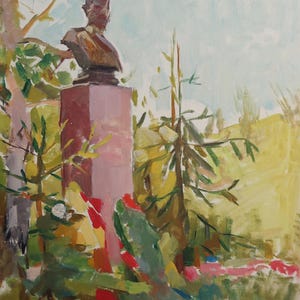 Monumento. Pintura original de la artista ucraniana Kryzhanovskaya M. 34-24 cm, óleo sobre cartón, 1961.