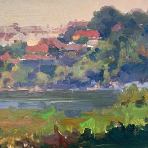Paysage. Peinture originale de l'artiste ukrainien Pirogov V. 18-25 cm, huile sur carton, années 1970.