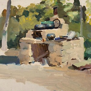 Horno. Pintura original del artista ucraniano Pirogov V. 15-18 cm, óleo sobre cartón, década de 1970.