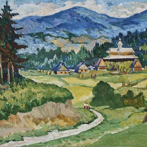 Paisaje. Pintura original de la artista ucraniana Zakharova, 19-27 cm, cartón gouache, década de 1980.